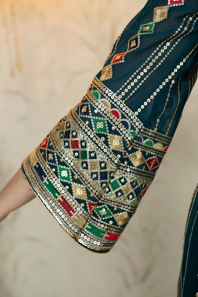 Women's Teal Blue Peplum Kurta With Sharara