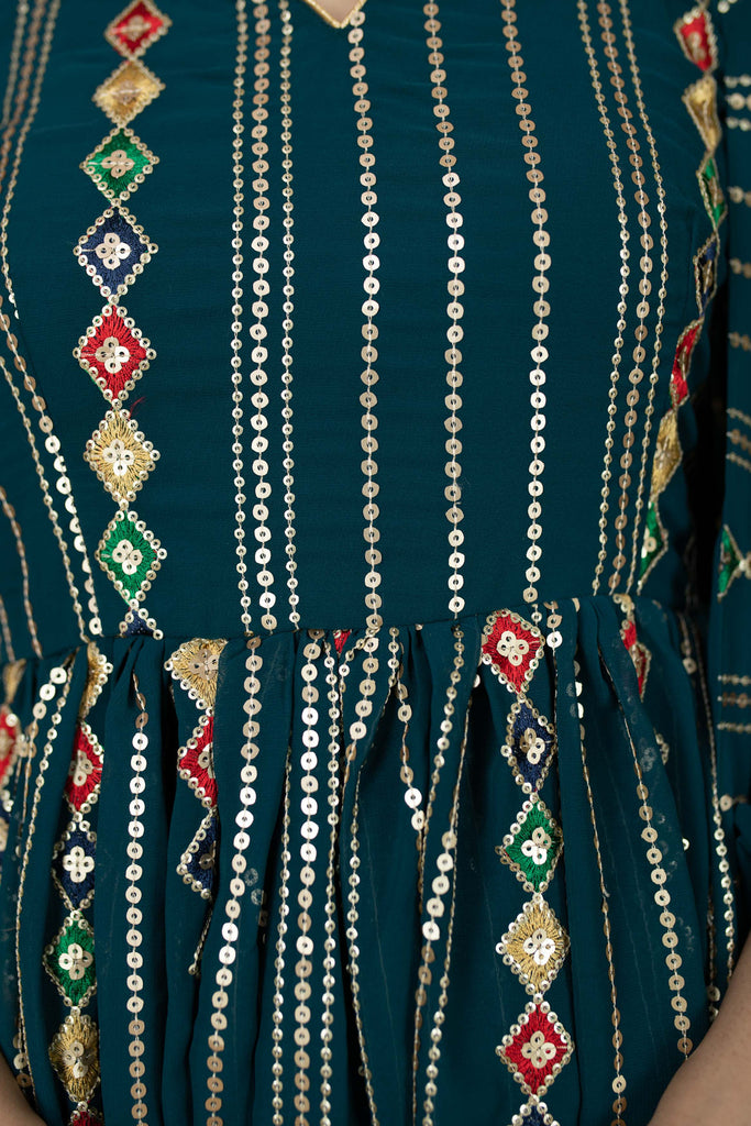 Women's Teal Blue Peplum Kurta With Sharara