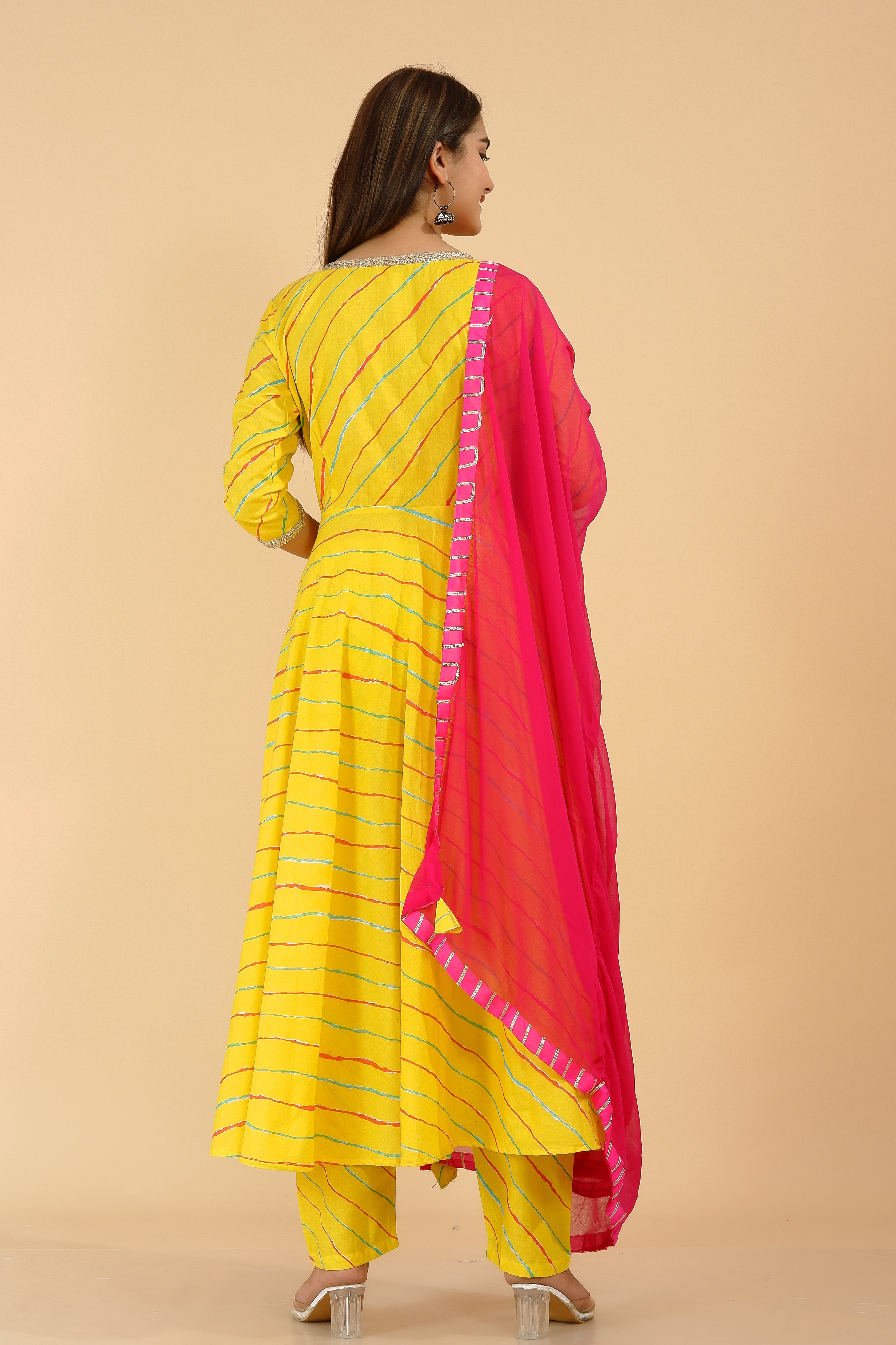 Women's Yellow Leheriya Anarkali Suit (Set Of 3) - Manohara