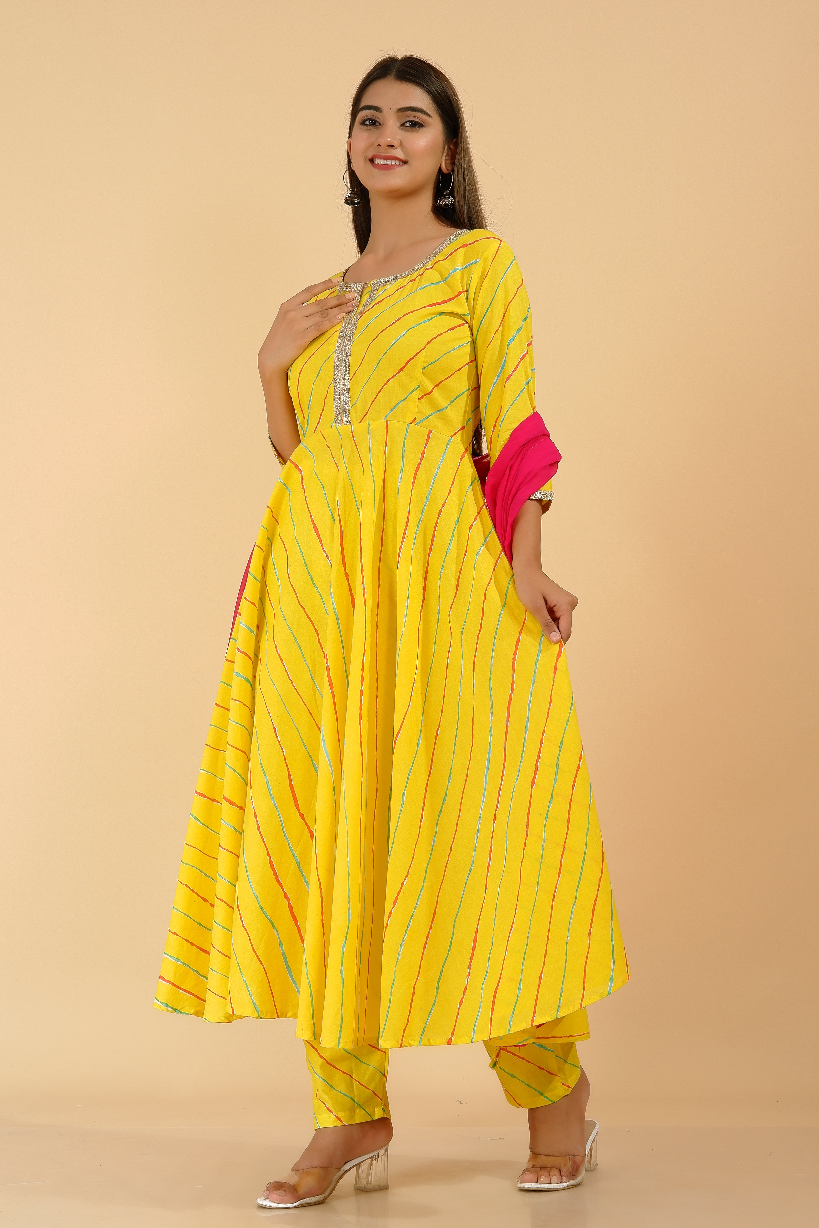 Women's Yellow Leheriya Anarkali Suit (Set Of 3) - Manohara