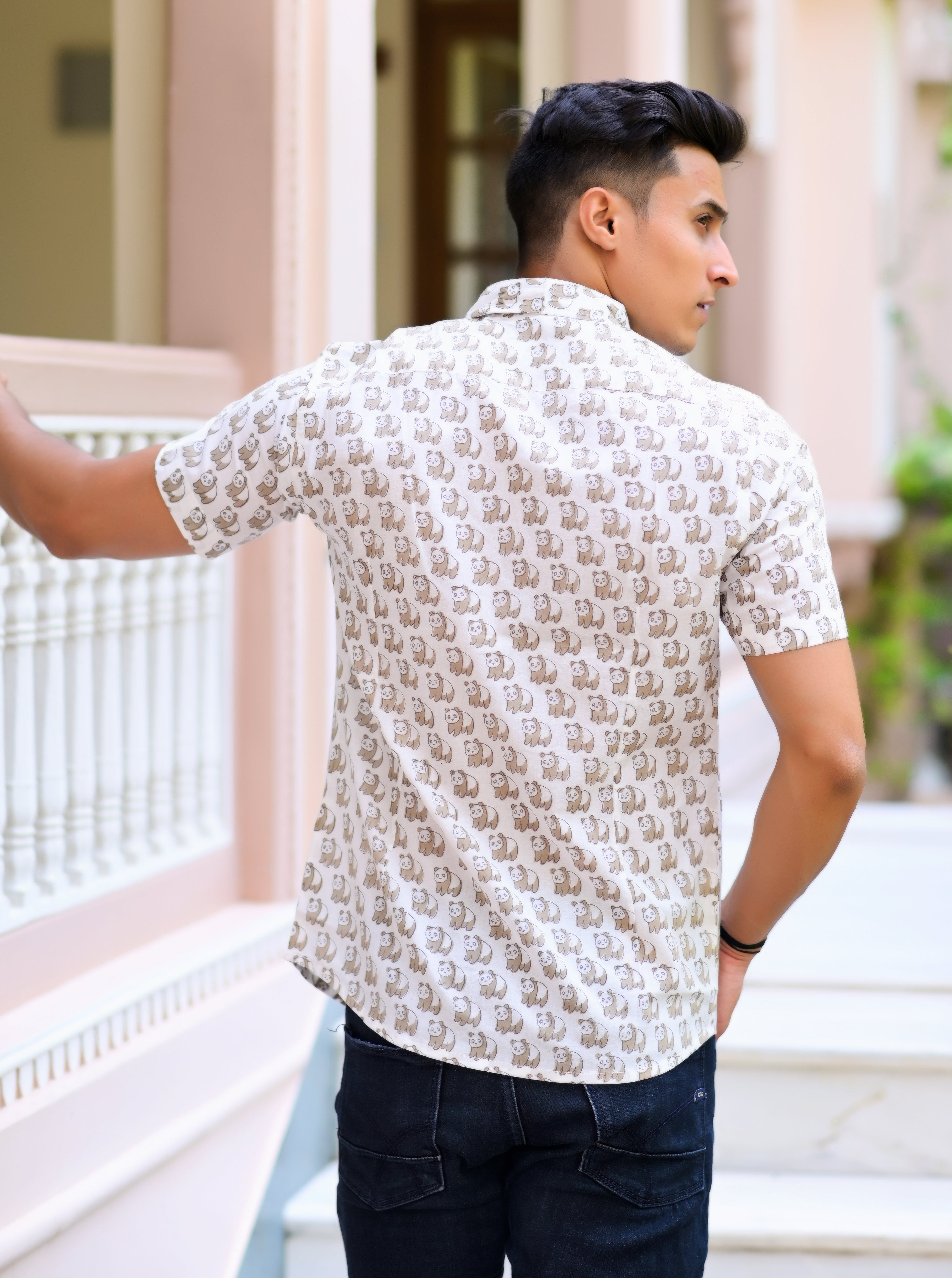 Men's Pure Hand Block Bear Print Shirt - Hatheli