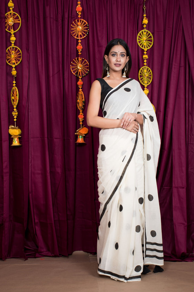 Women's Black And White Limpid Polka Saree