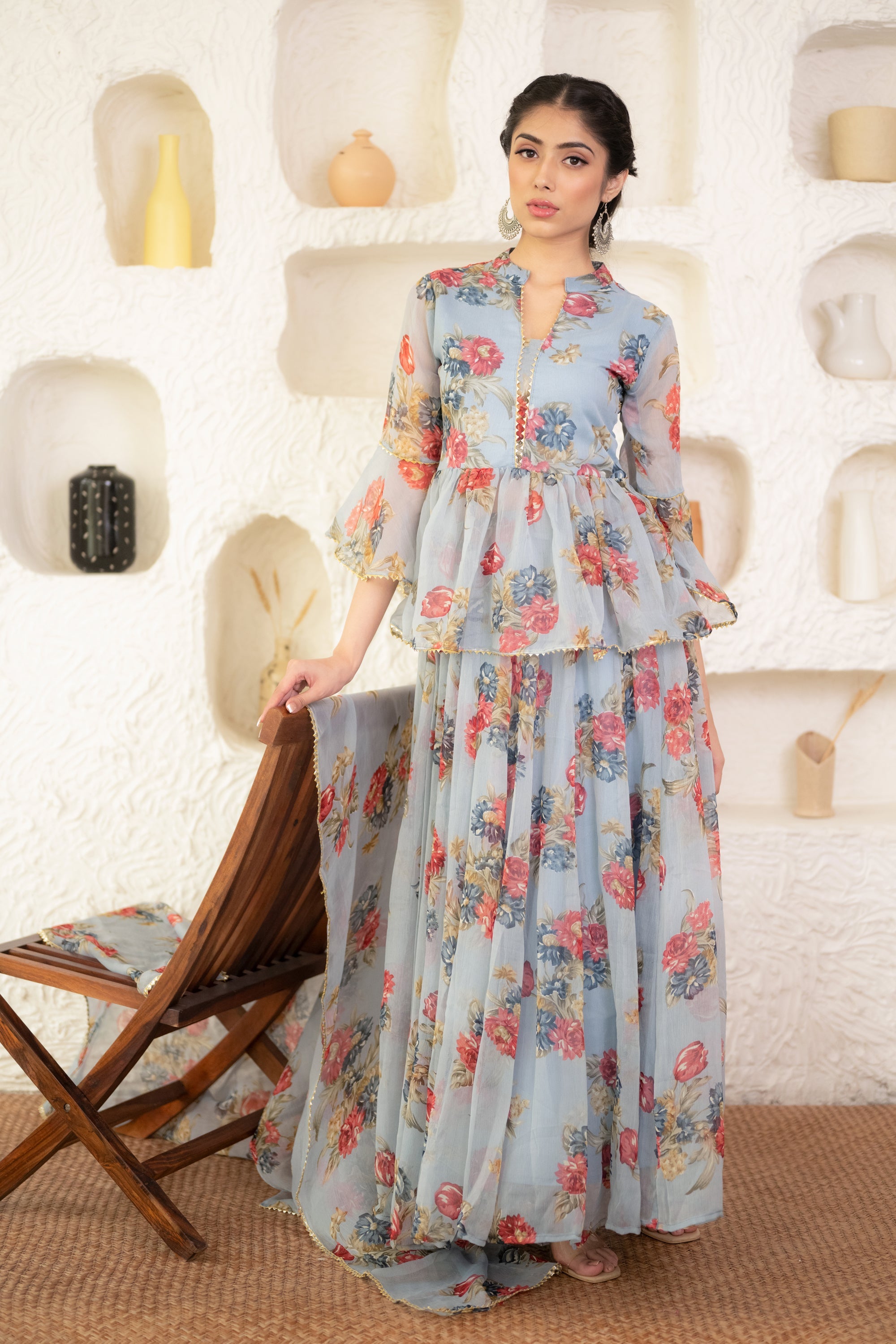 Women's Grey Floral Chiffon Lehenga Choli & Dupatta Set By Saras The Label (3 Pc Set)