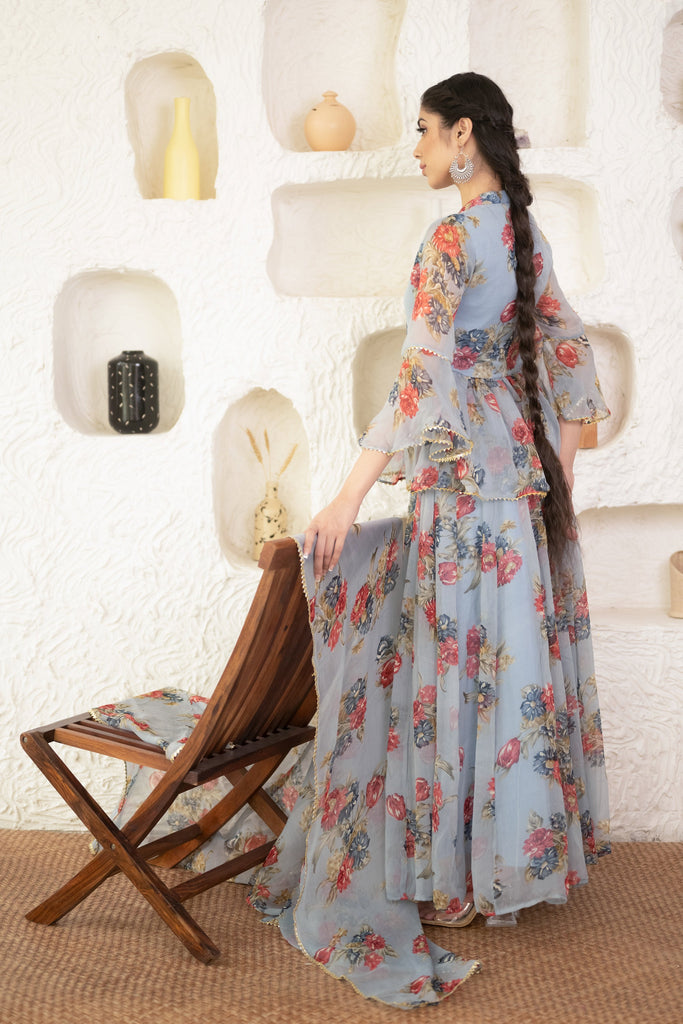 Women's Grey Floral Chiffon Lehenga Choli & Dupatta Set