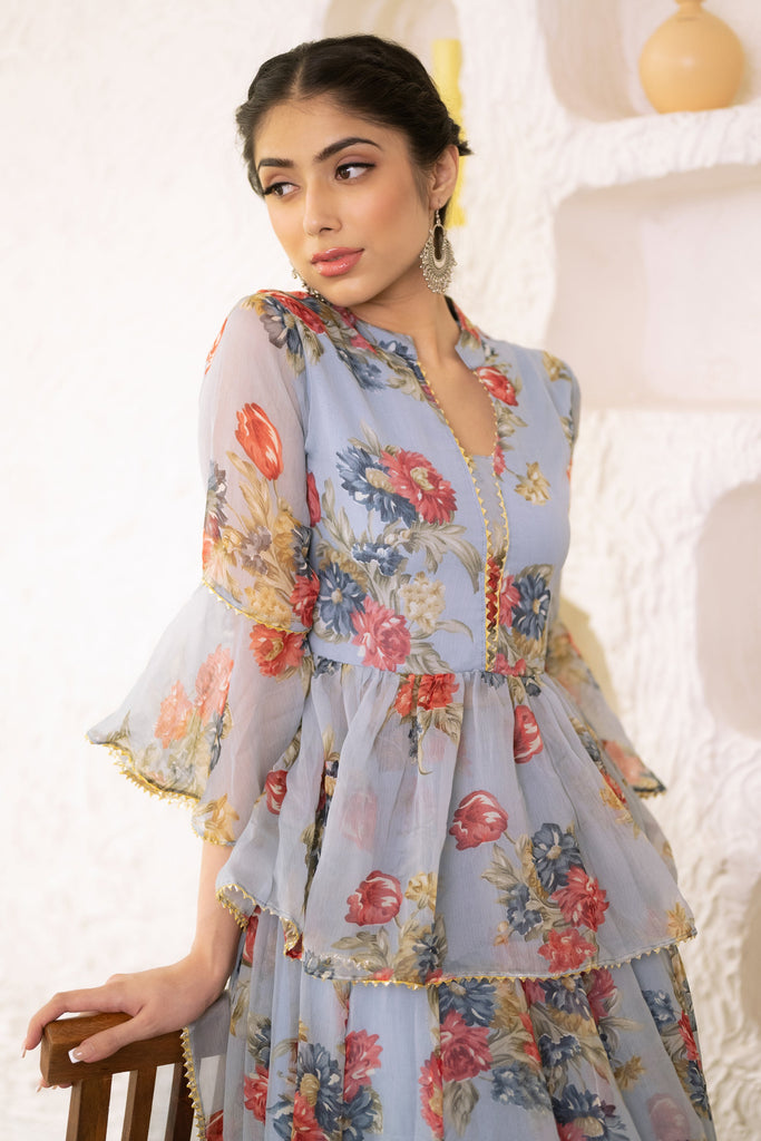 Women's Grey Floral Chiffon Lehenga Choli & Dupatta Set