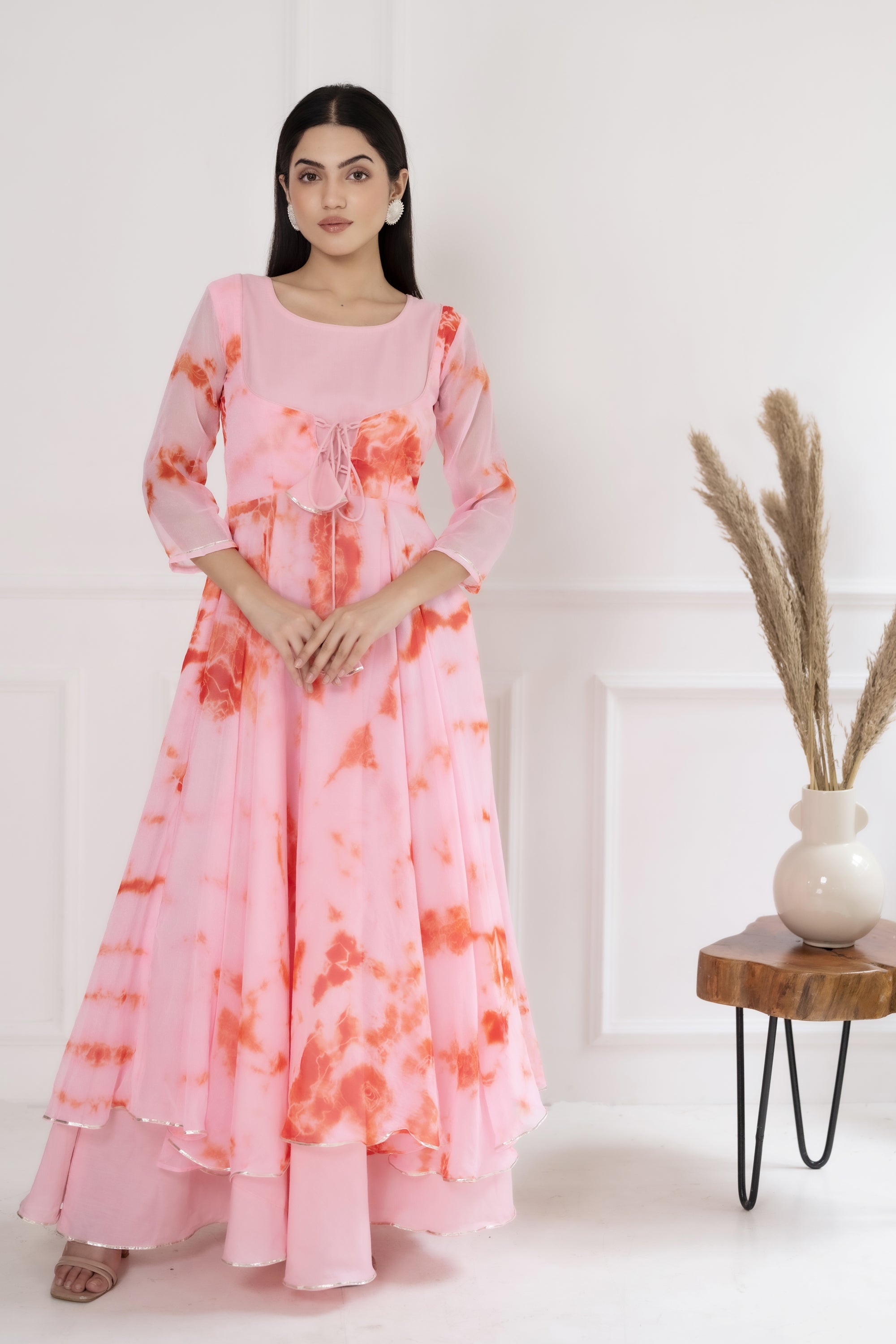Women's Shibori Peach Dyed Gown By Saras The Label (1 Pc Set)