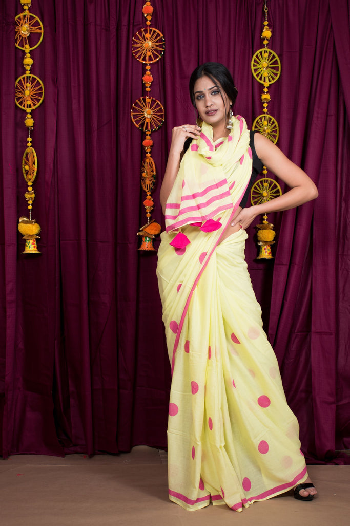 Women's Lemon And Pink Limpid Polka Saree