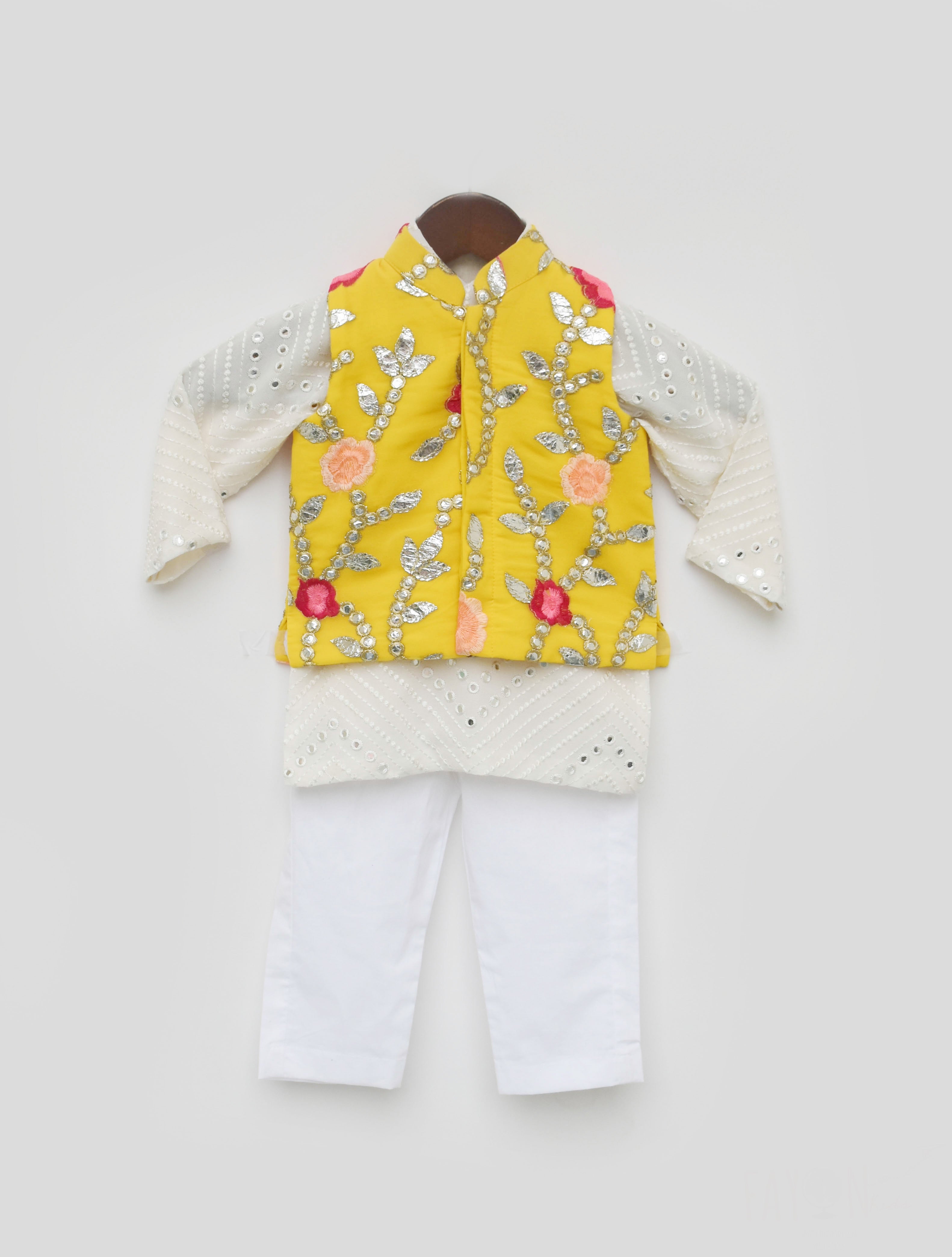 Boy's Gotta Embroidery Jacket And White Mirror Kurta Pant - Fayon Kids