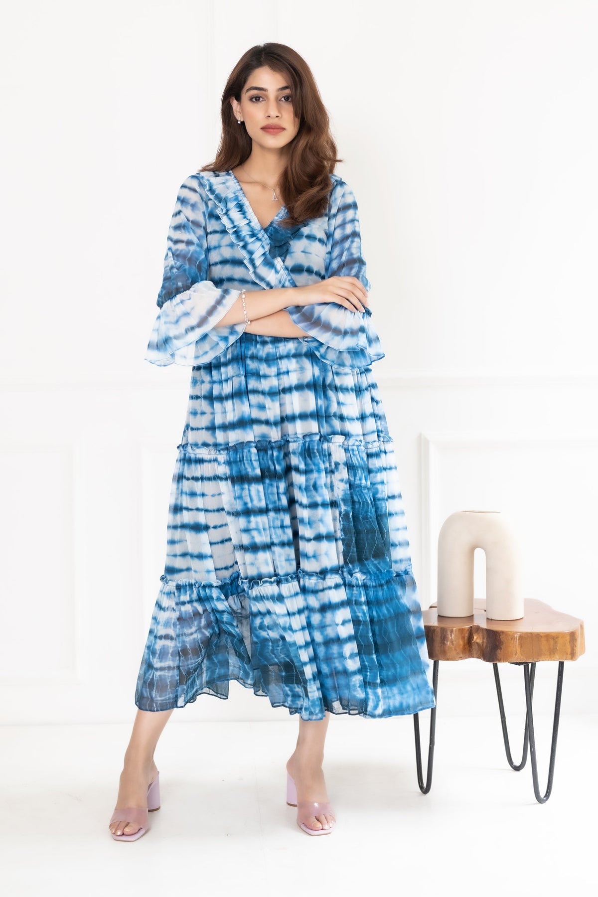 Women's Blue Shibori Chiffon Dress