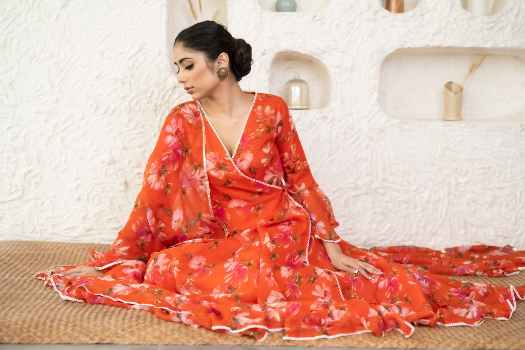 Women's Red Angrakha Anarkali Dress With Dupatta