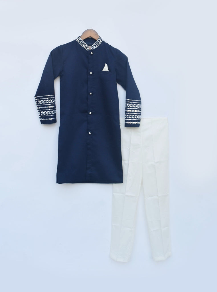Boy's Blue Silk Ajkan And Off White Pant