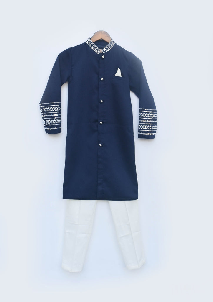 Boy's Blue Silk Ajkan And Off White Pant