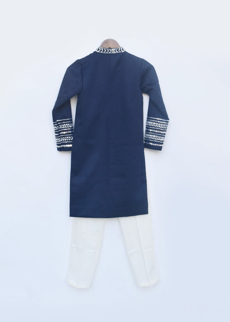 Boy's Blue Silk Ajkan And Off White Pant