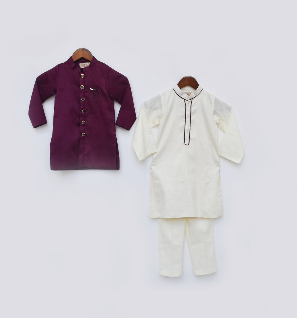 Boy's Wine Silk Jacket And Off White Kurta Pant