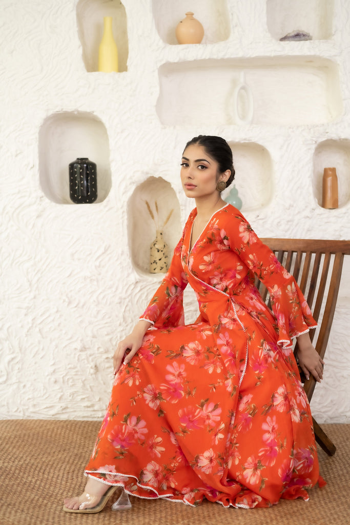 Women's Red Angrakha Anarkali Dress With Dupatta