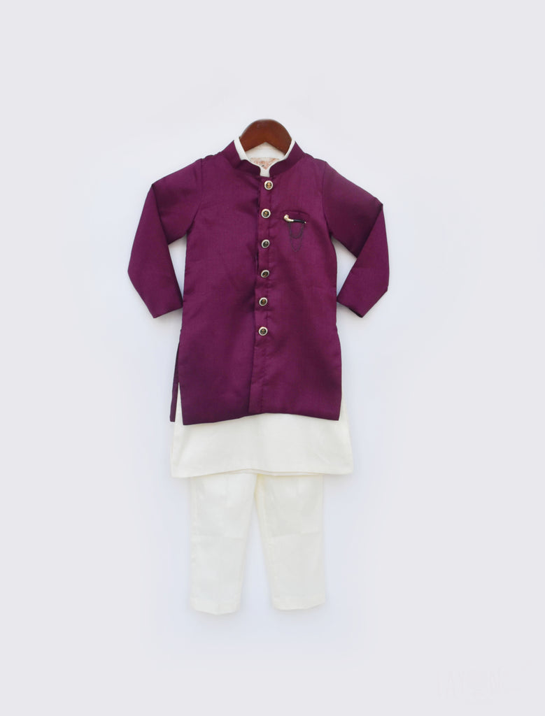Boy's Wine Silk Jacket And Off White Kurta Pant
