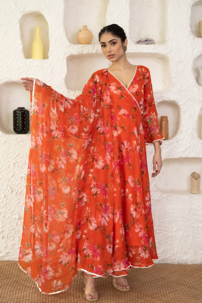 Women's Red Angrakha Anarkali Dress With Dupatta