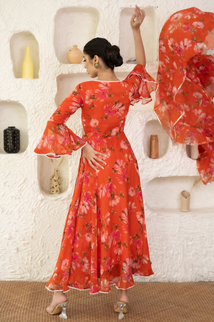 Women's Red Angrakha Anarkali Dress With Dupatta