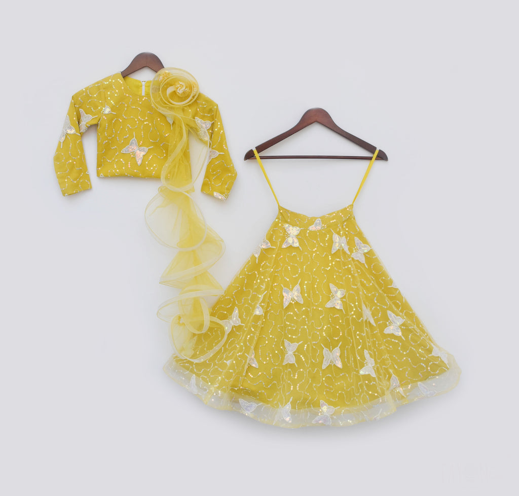 Girl's Mustard Yellow Butterfly Net Lehenga Choli