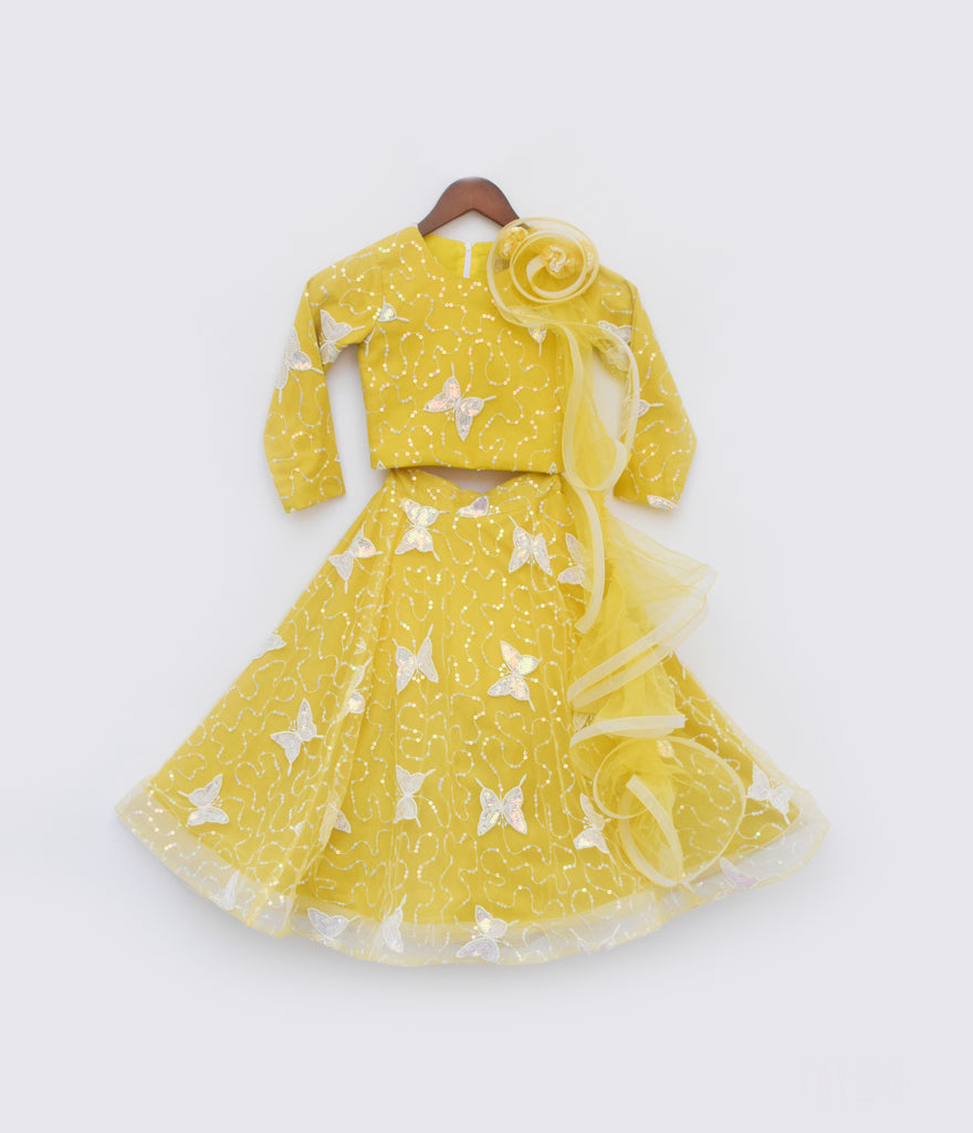 Girl's Mustard Yellow Butterfly Net Lehenga Choli