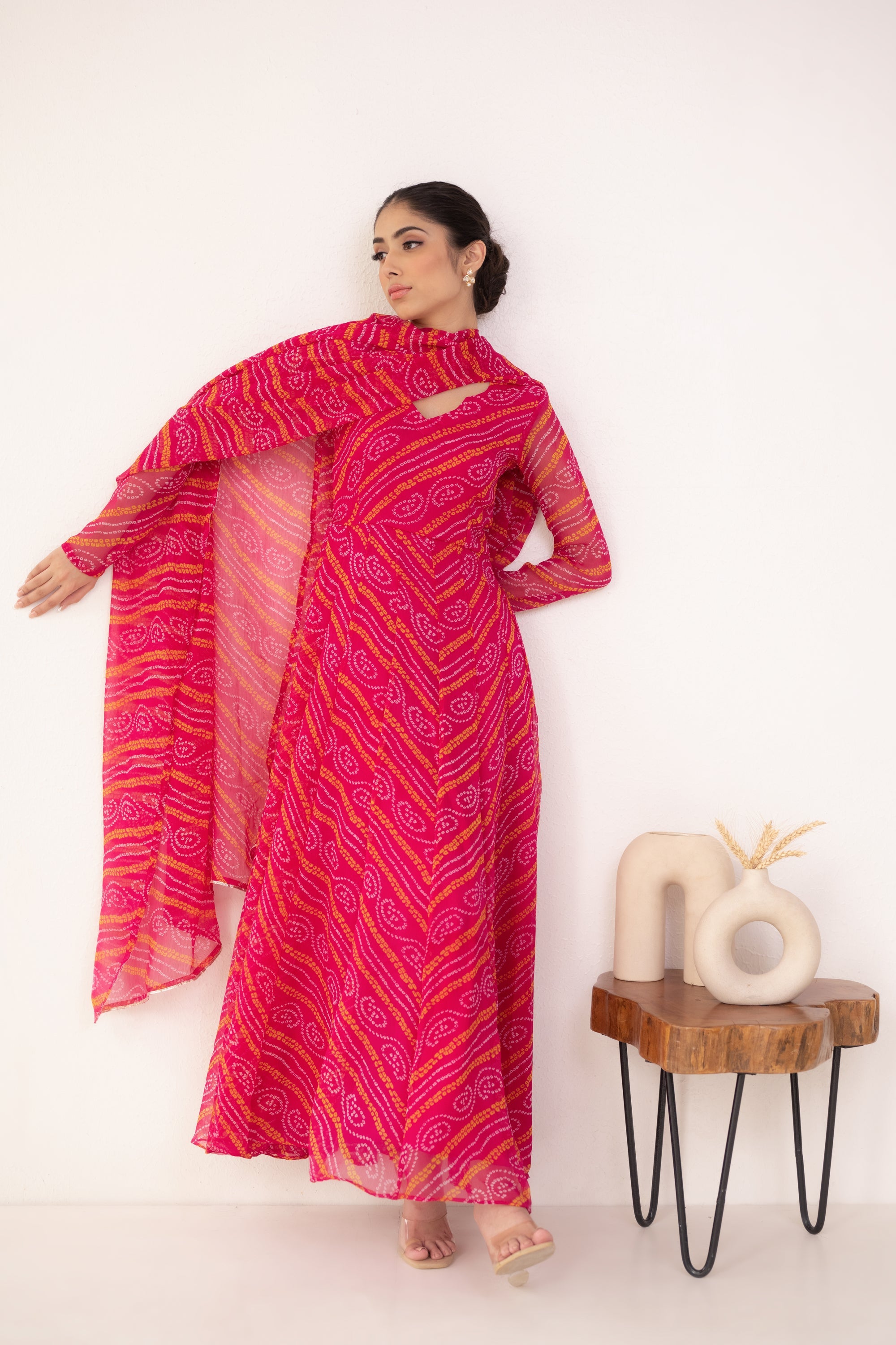 Women's Pink Bandhej Gown With Dupatta - Saras The Label