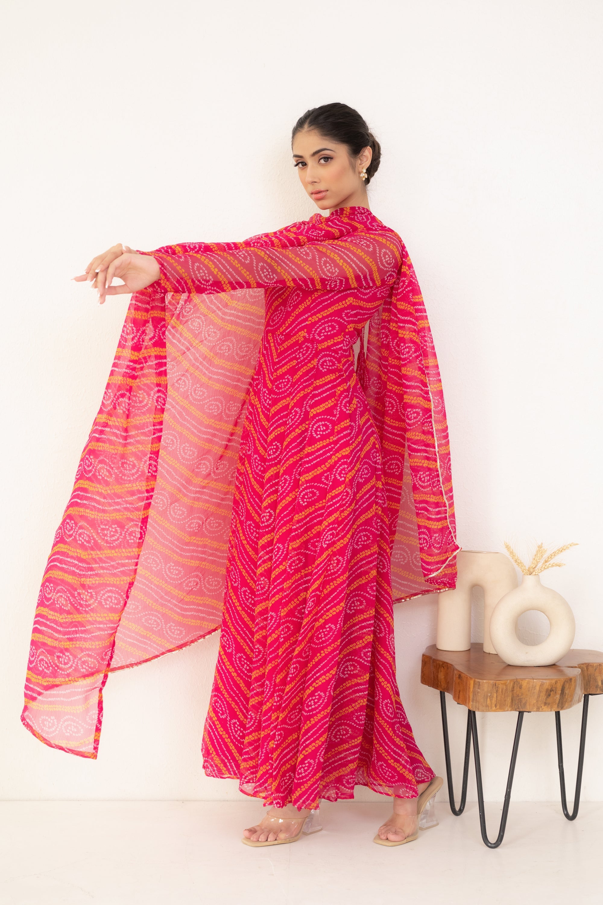 Women's Pink Bandhej Gown With Dupatta - Saras The Label