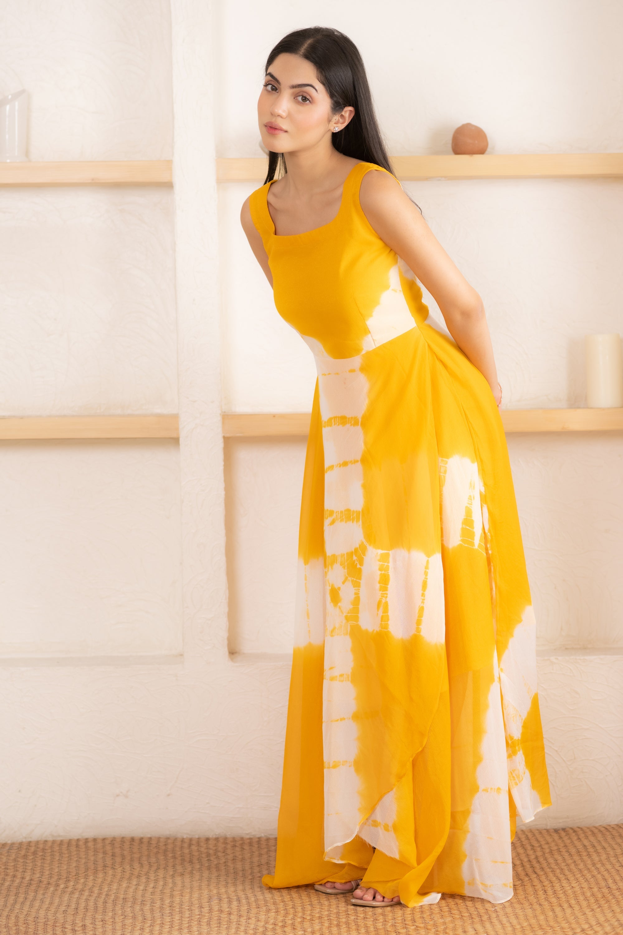 Women's Yellow Shibori Dyed Yellow Gown By Saras The Label (1 Pc Set)