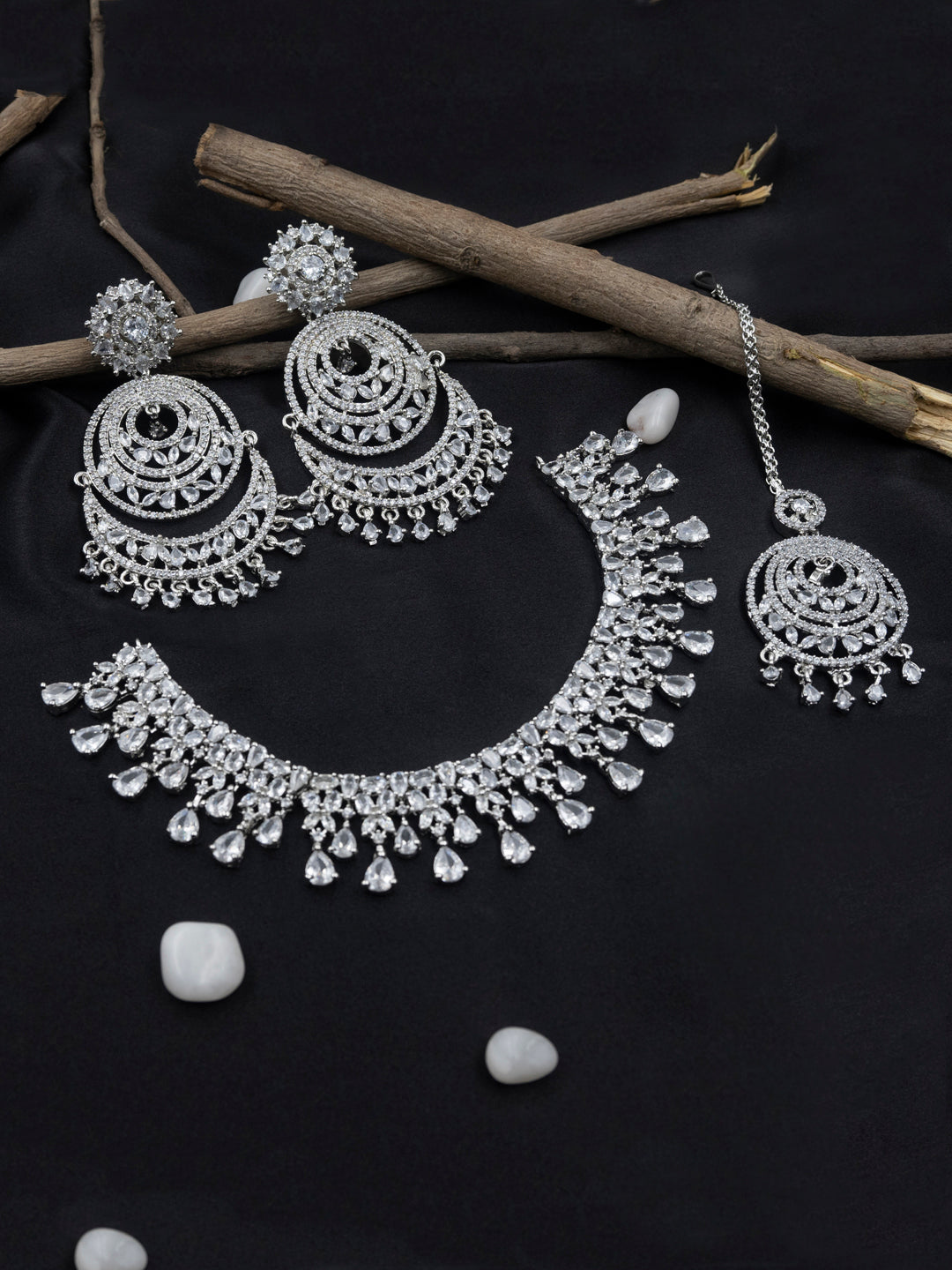 Women's Aadika Cz Bridal Necklace With Danglers And Maangtika - Stileadda