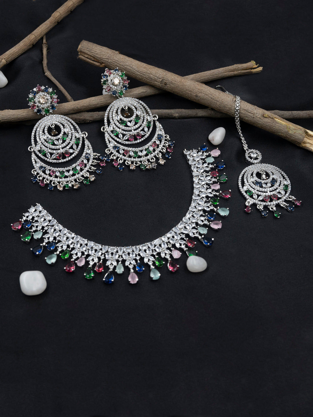 Women's Aadika Cz Bridal Necklace With Danglers And Maangtika - Stileadda