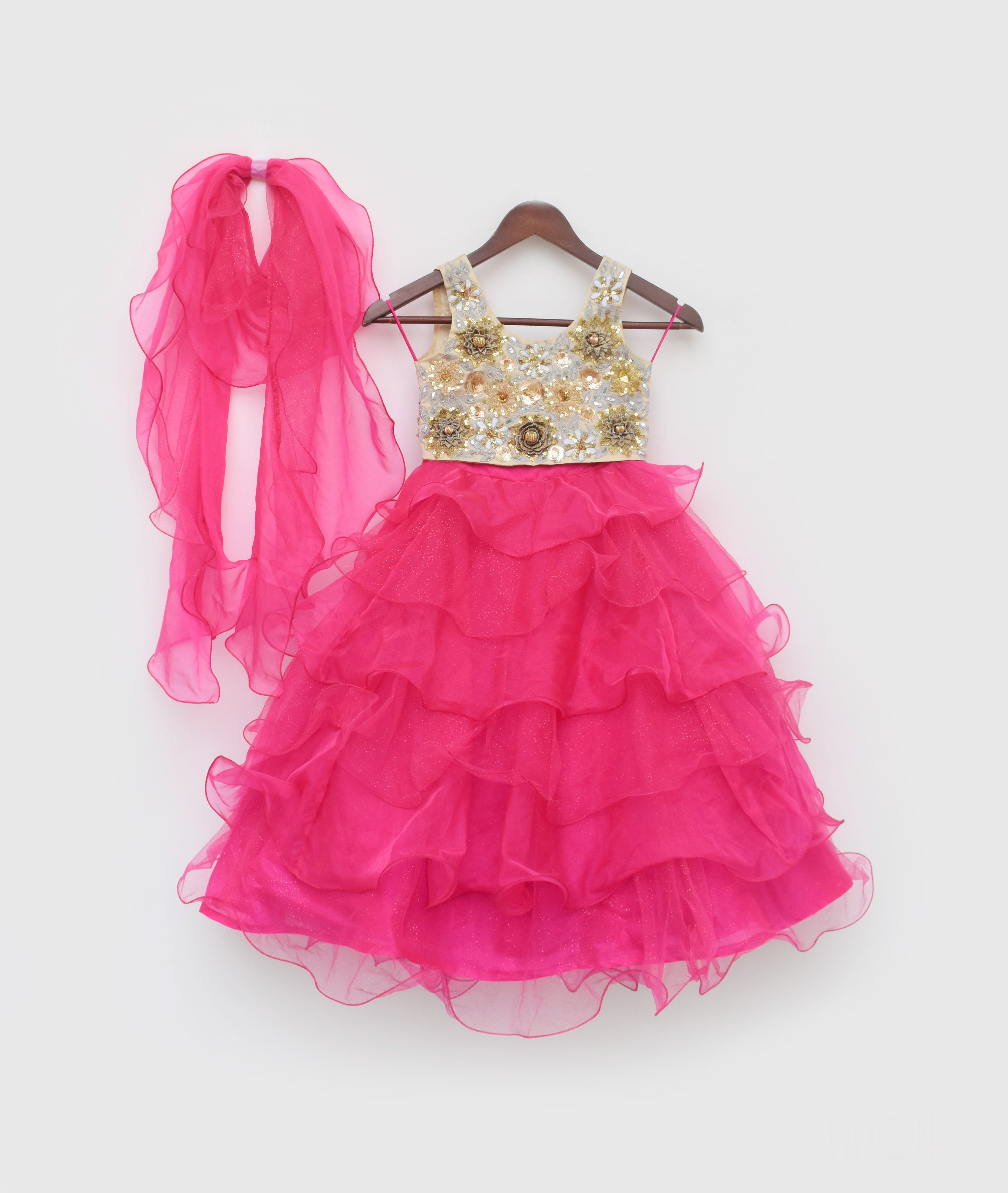 Girl's 3D Flowers Choli And Pink Organza Layers Lehenga - Fayon Kids