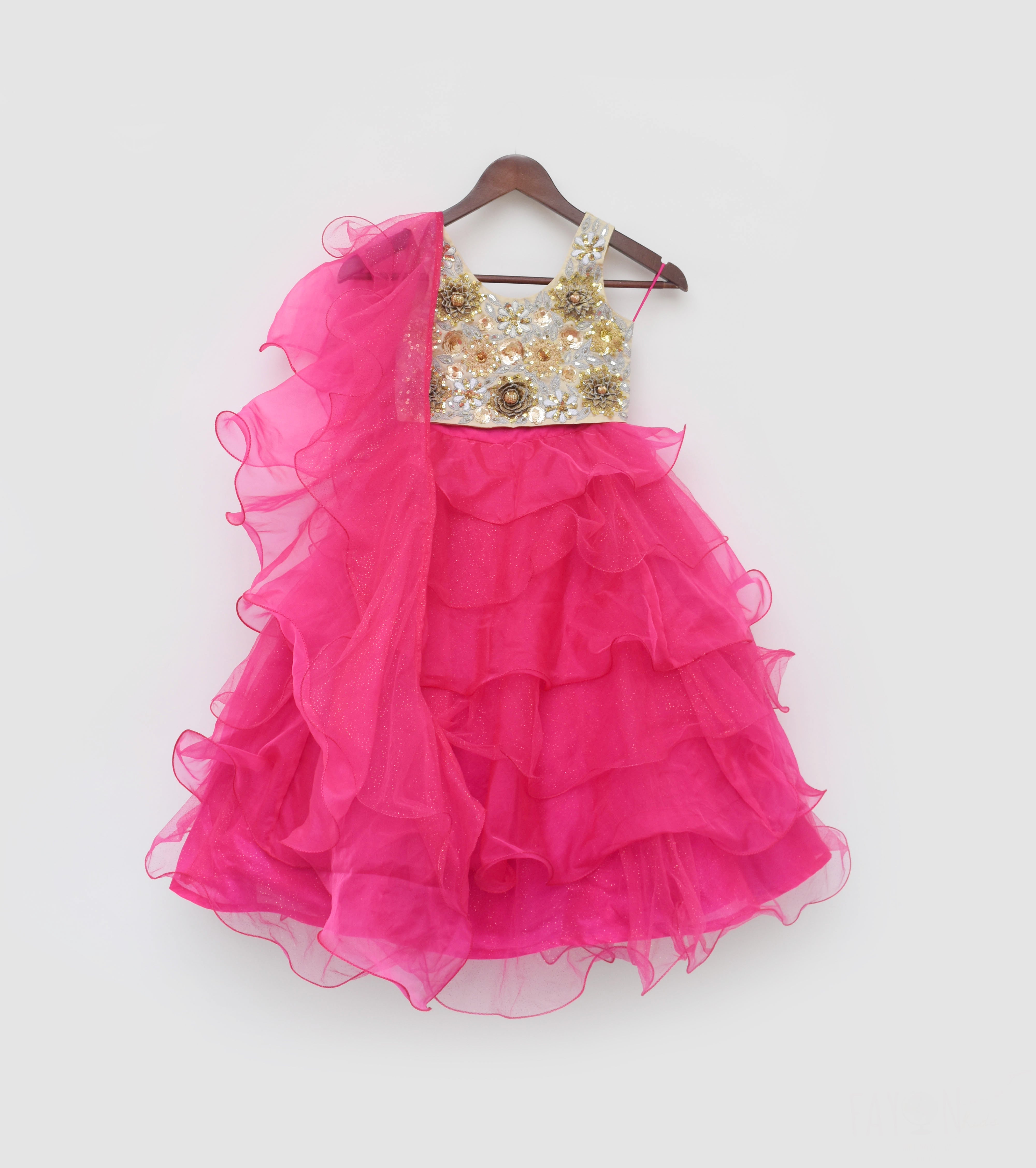 Girl's 3D Flowers Choli And Pink Organza Layers Lehenga - Fayon Kids