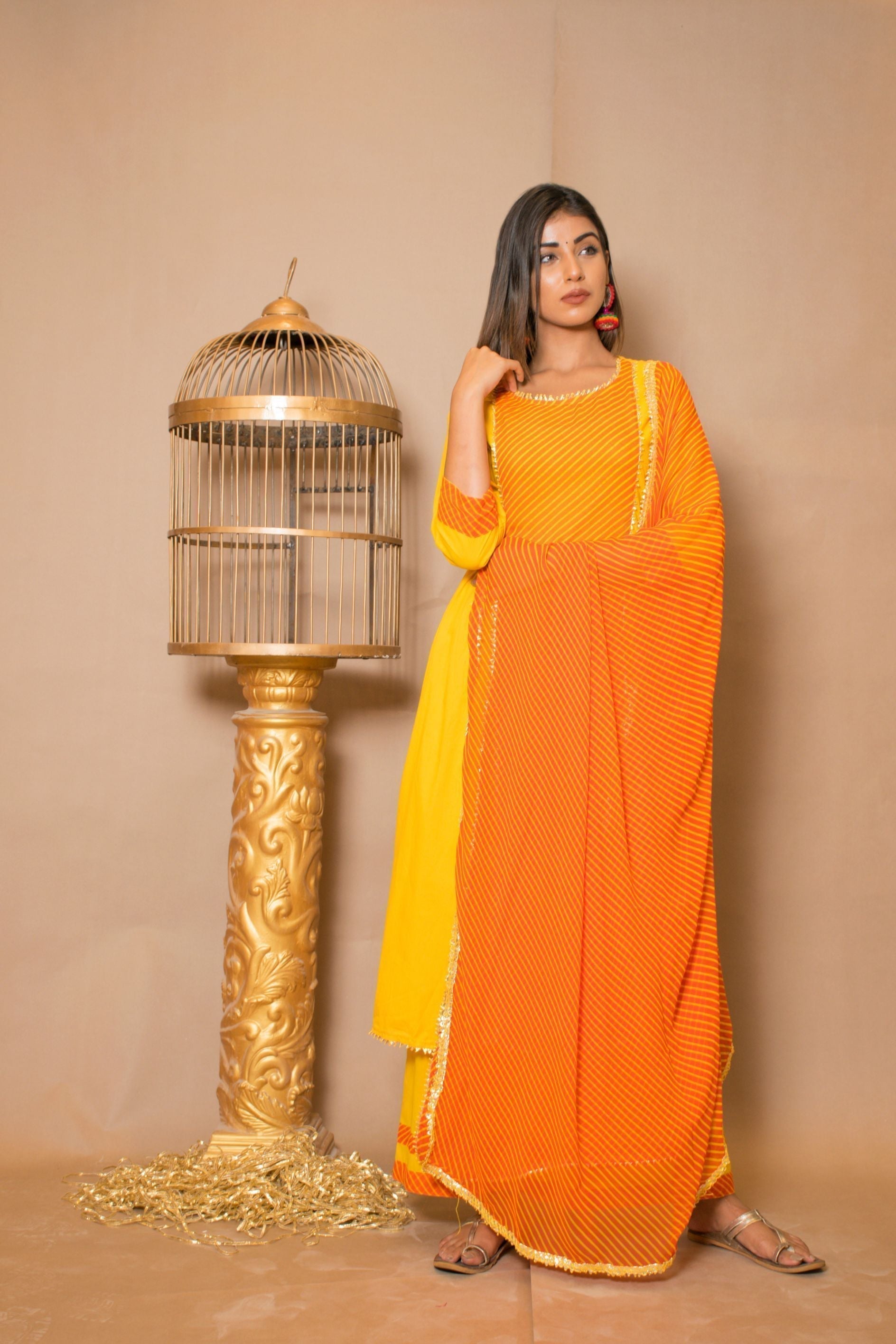 Women's Yellow  Orange And Yellow Leheriya Kurta Palazzo Suit Set - Saras The Label