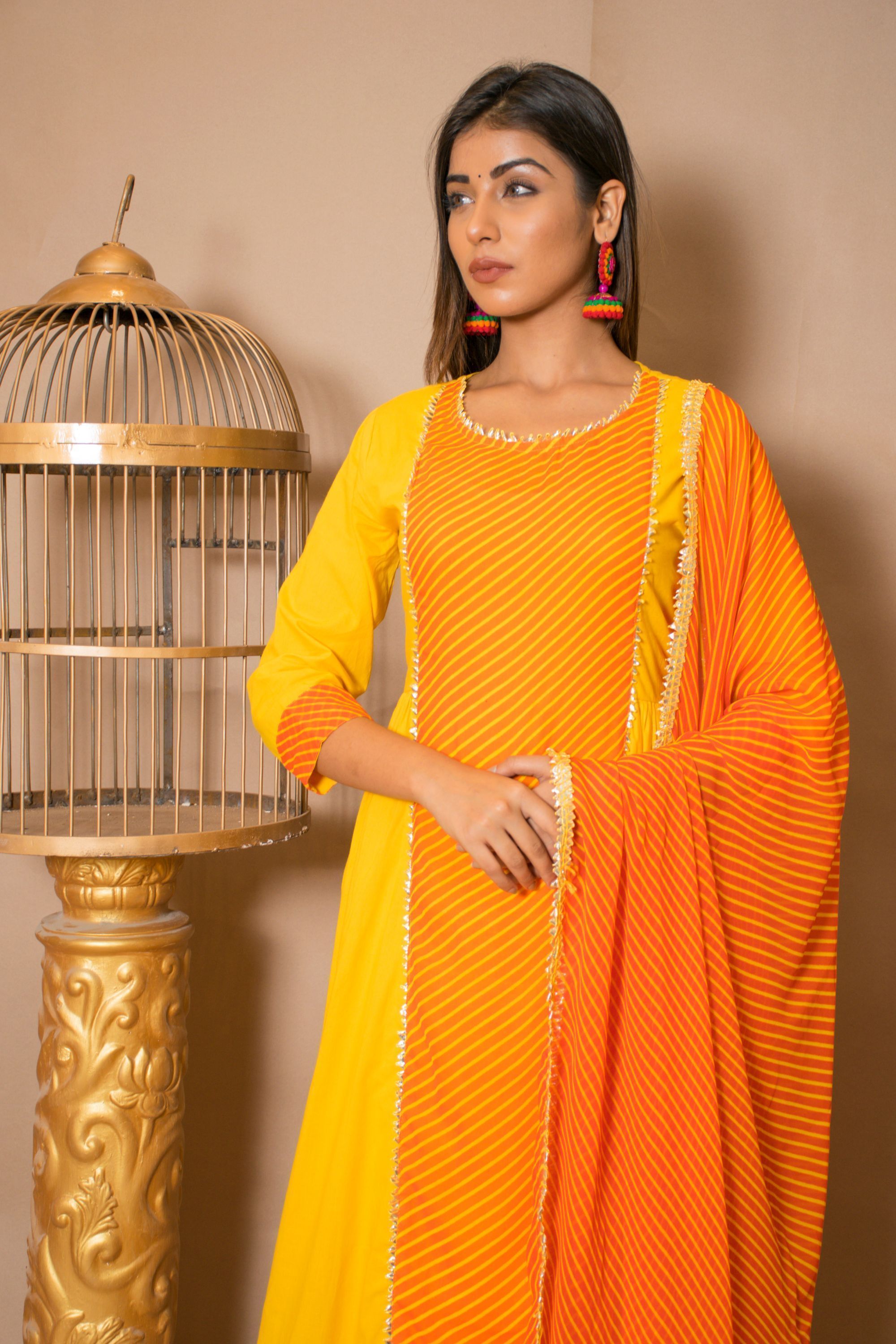 Women's Yellow  Orange And Yellow Leheriya Kurta Palazzo Suit Set - Saras The Label