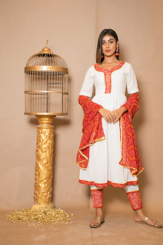 Women's White And Red  Anarkali Suit Set (3Pc Set)