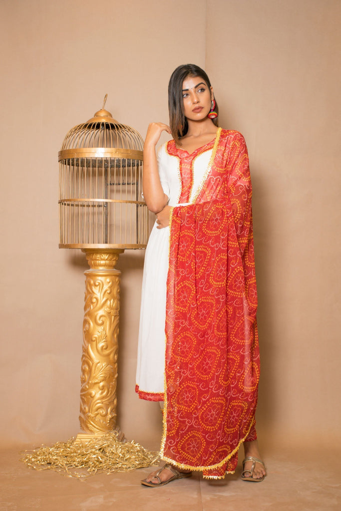 Women's White And Red  Anarkali Suit Set (3Pc Set)