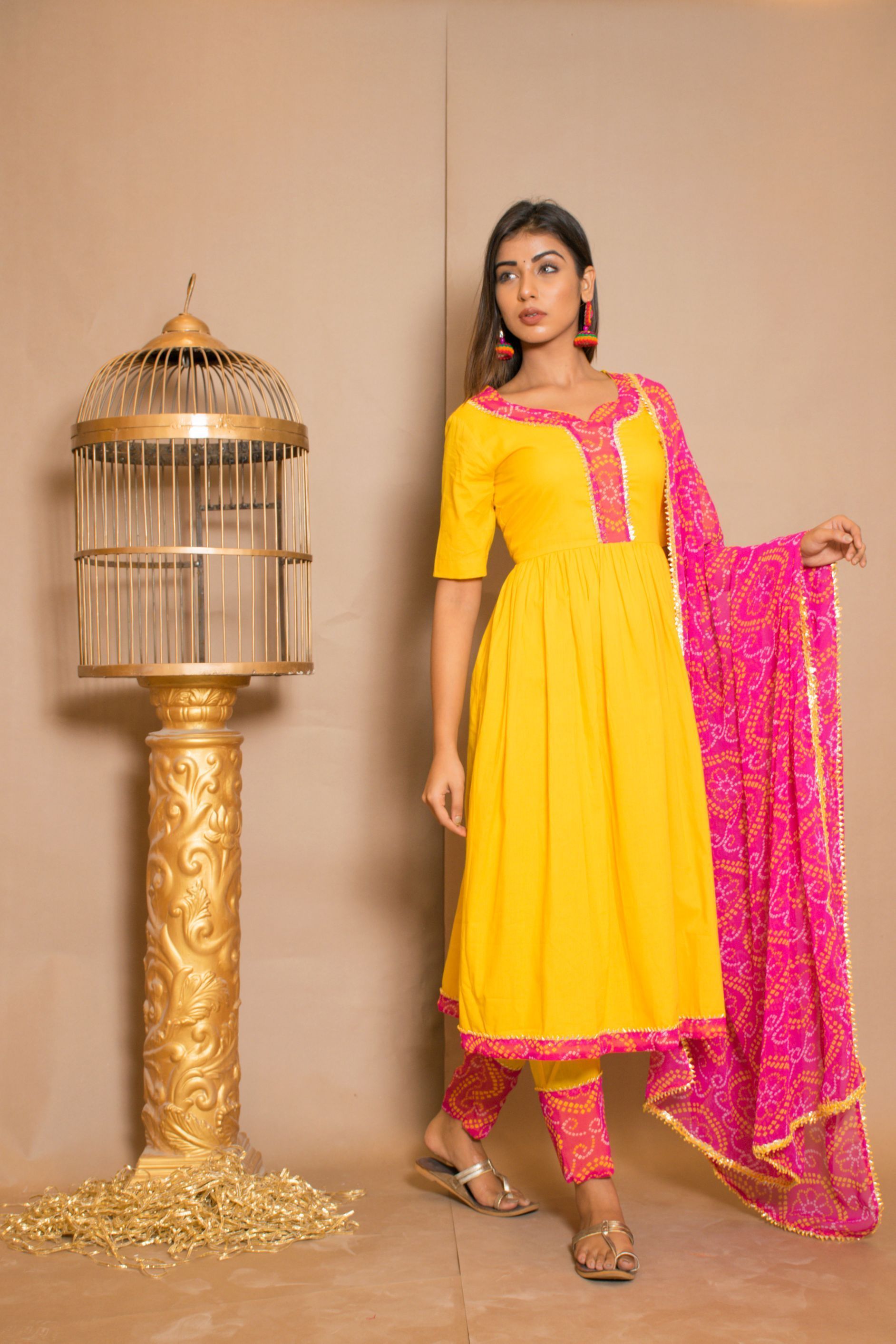 Women's Yellow And Pink Anarkali Suit Set (3Pc Set) - Saras The Label