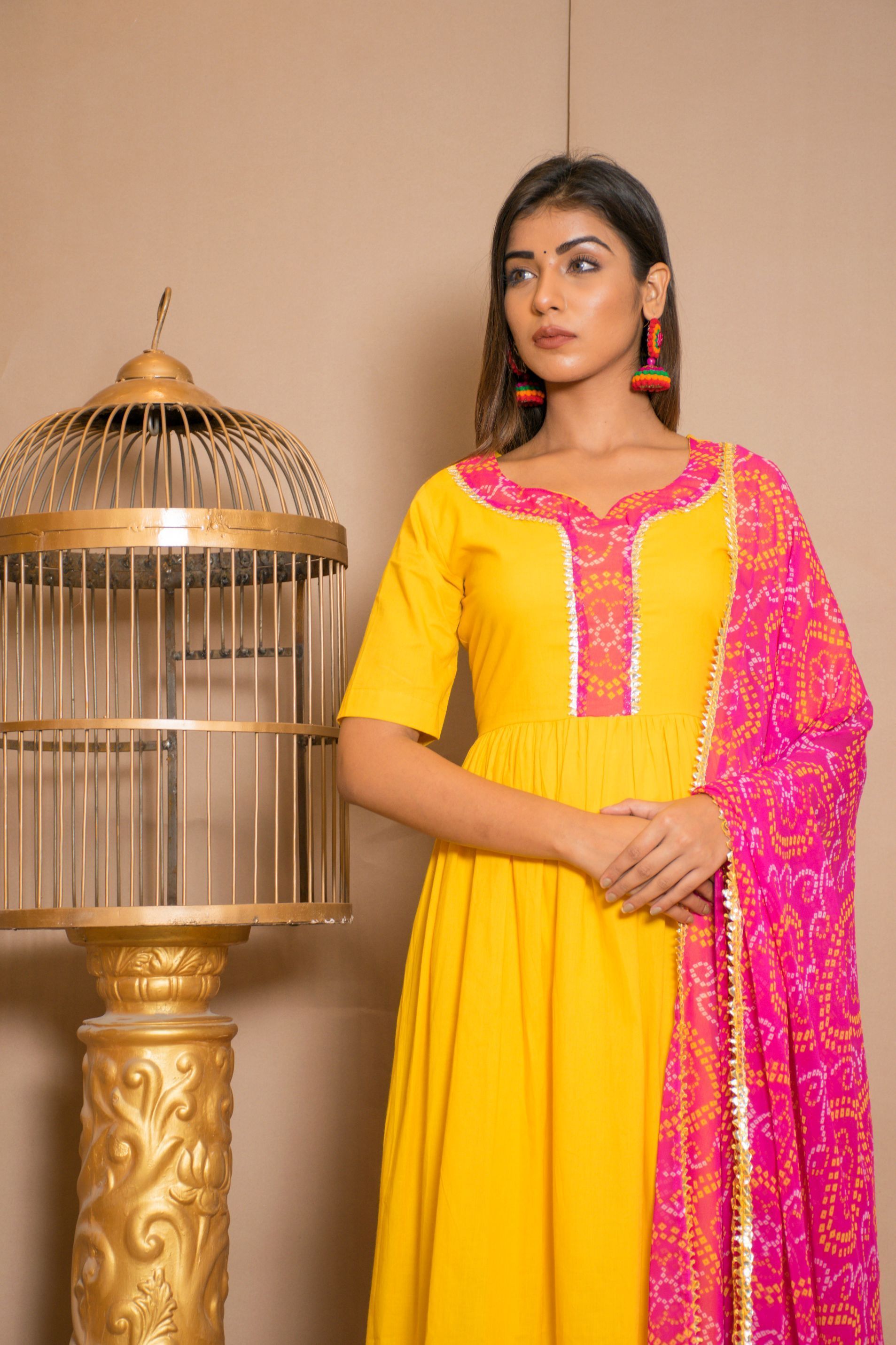Women's Yellow And Pink Anarkali Suit Set (3Pc Set) - Saras The Label