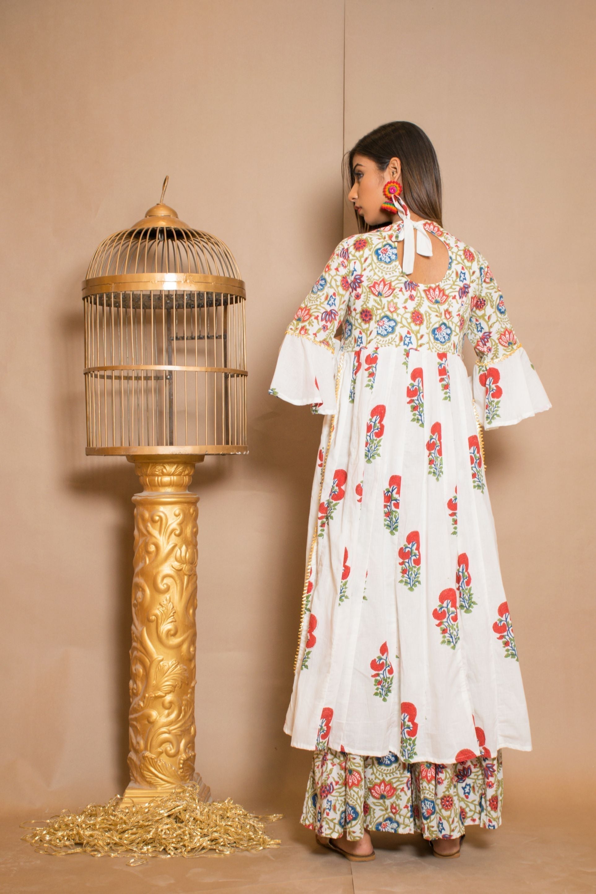 Women's White Multicolour Floral Anarkali Kurta Palazzo Set - Saras The Label