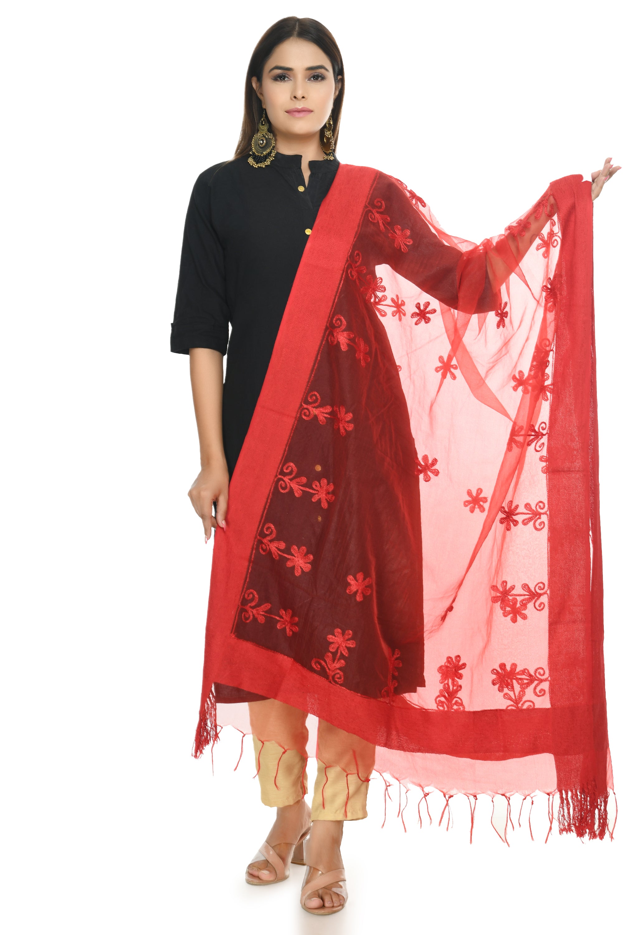 Women's Red Color Orgenza Chikan Work - Moeza
