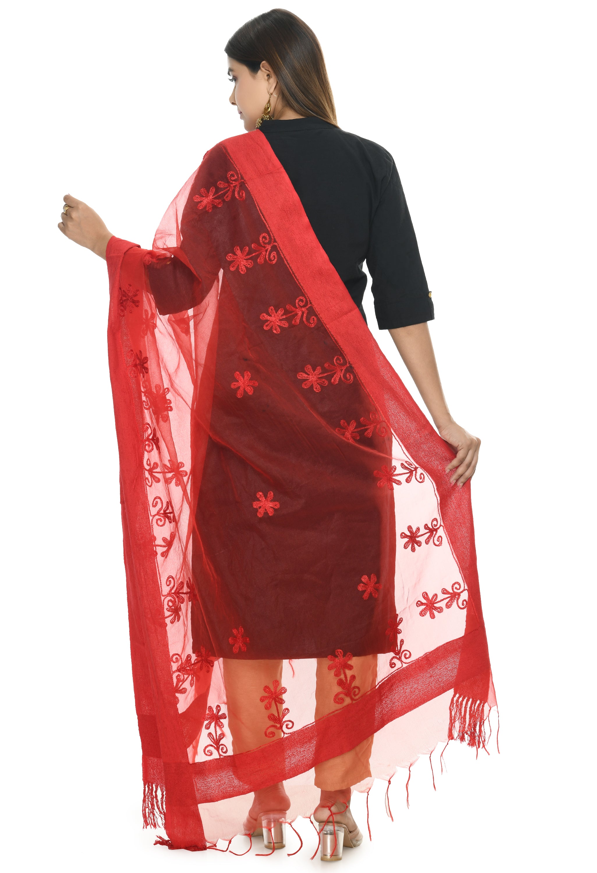 Women's Red Color Orgenza Chikan Work - Moeza