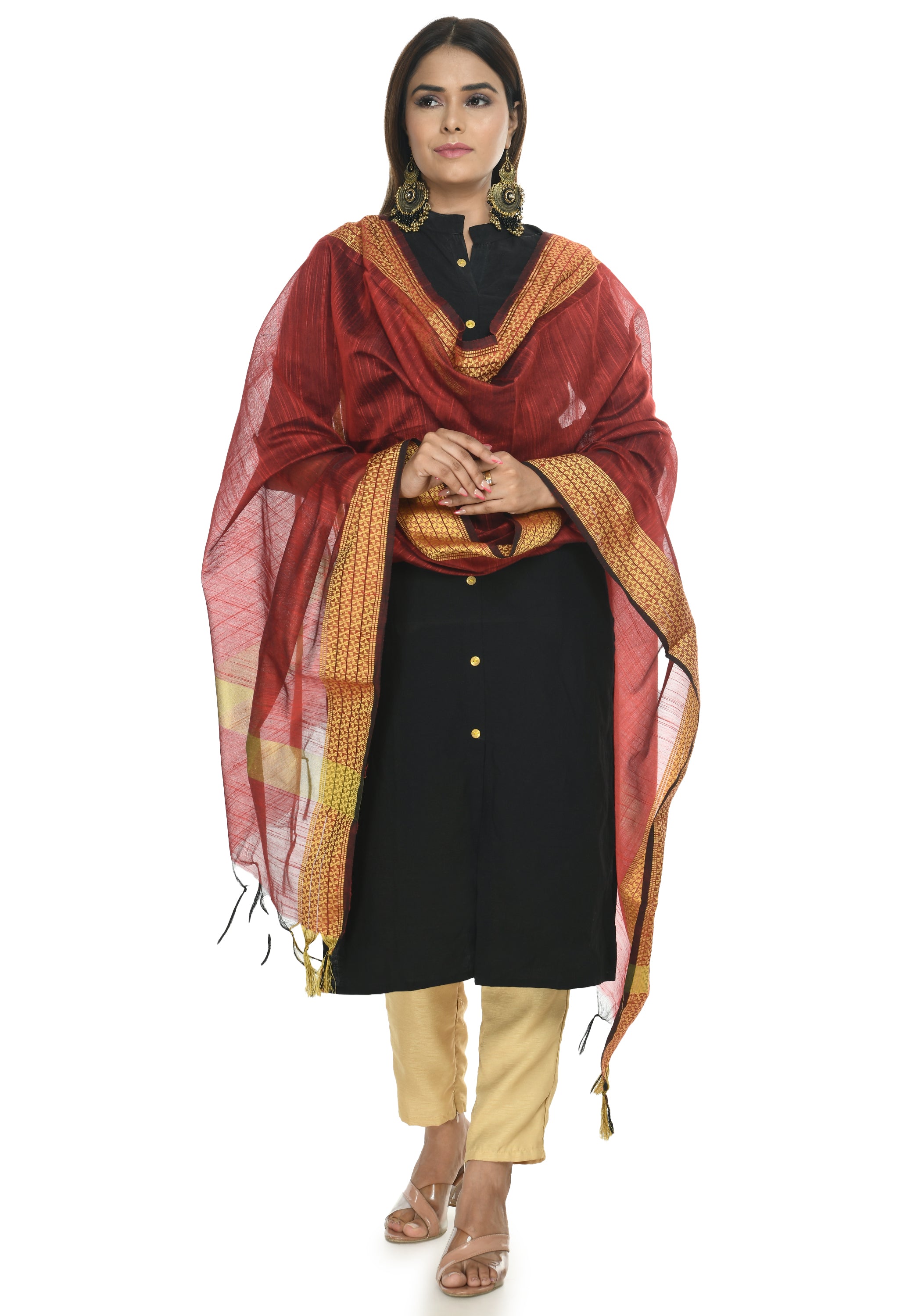 Women's Maroon Color Handloom Cotton Dupatta - Moeza