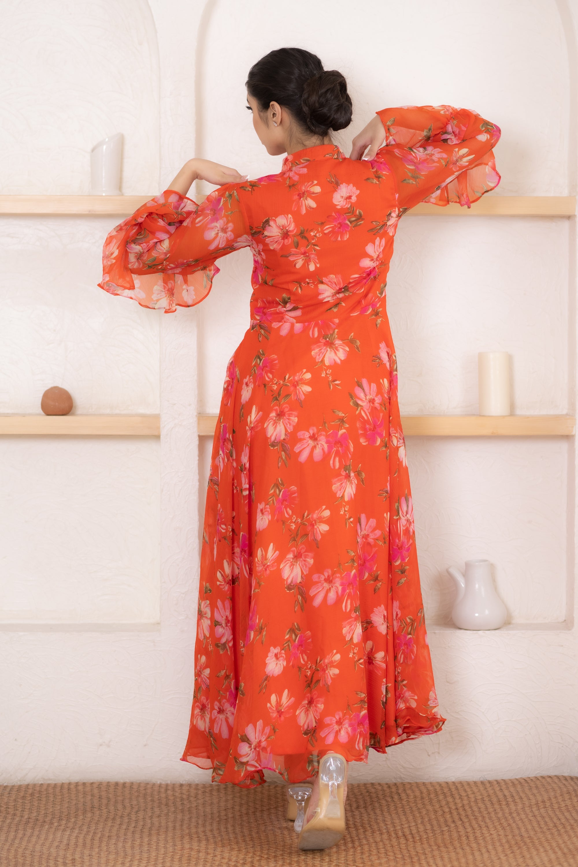 Women's Orange Flower Print Gown - Saras The Label