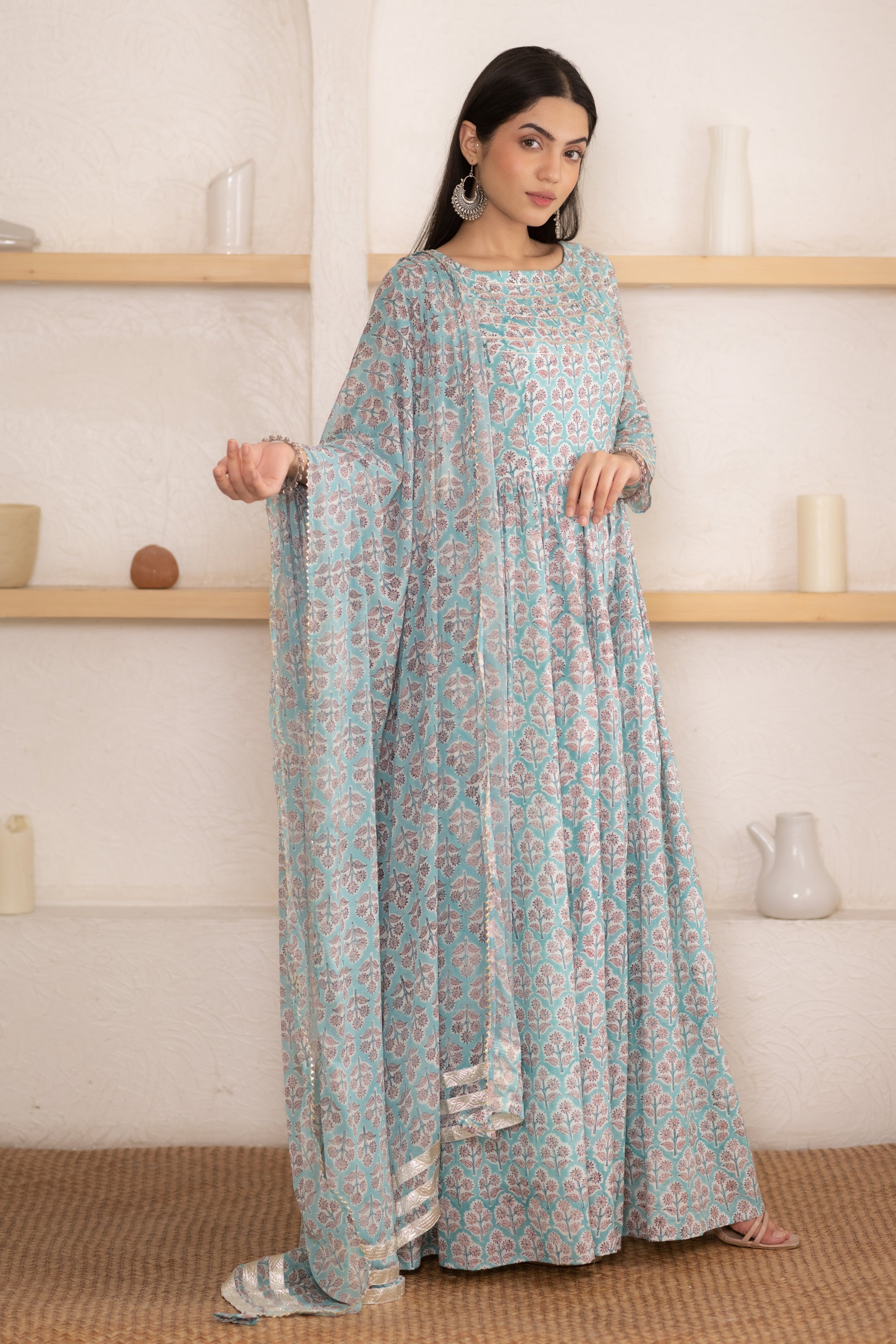 Women's Hand Block Printed Gown With Chiffon Dupatta - Saras The Label