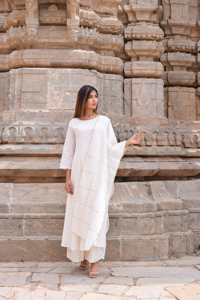 Women's White Kurta With Gota Work Palazzo And Dupatta Set (3 Pc Set)