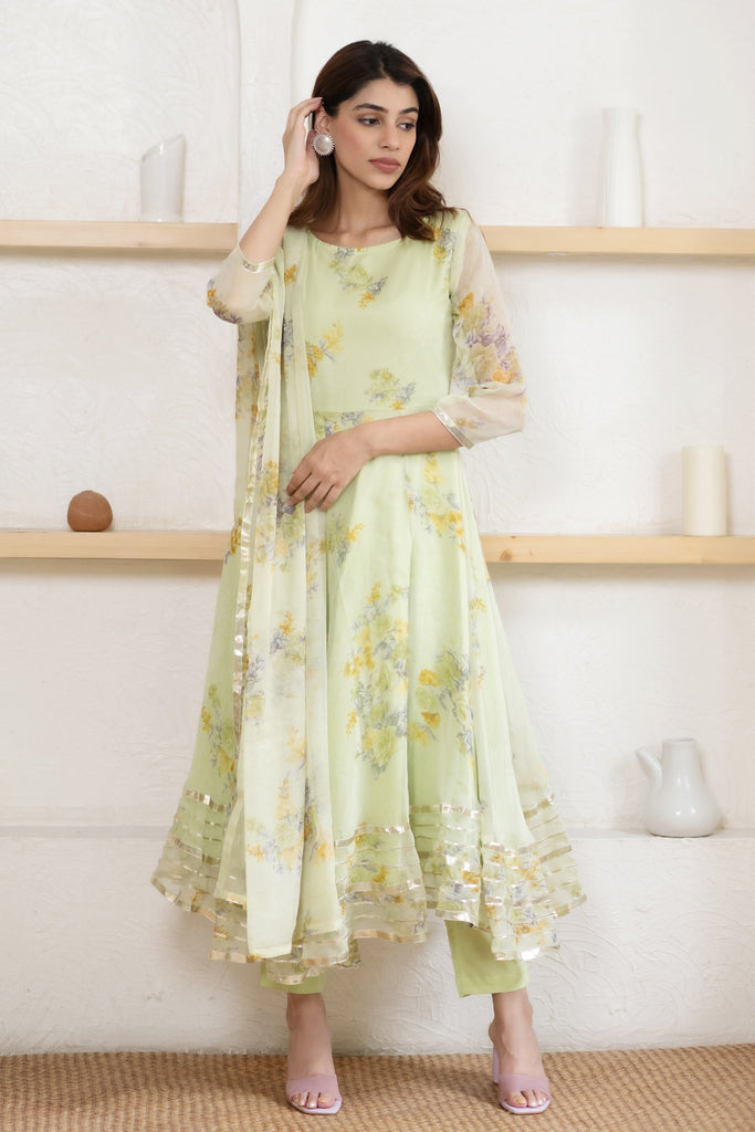 Women's Floral Printed Lime Green Suit Set