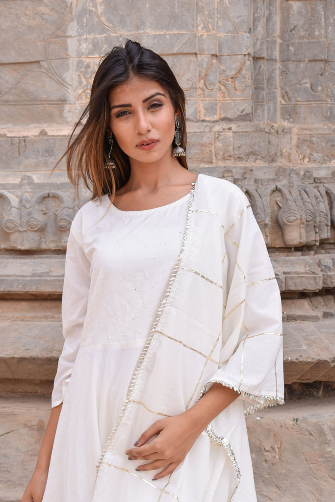 Women's White Kurta With Gota Work Palazzo And Dupatta Set (3 Pc Set)