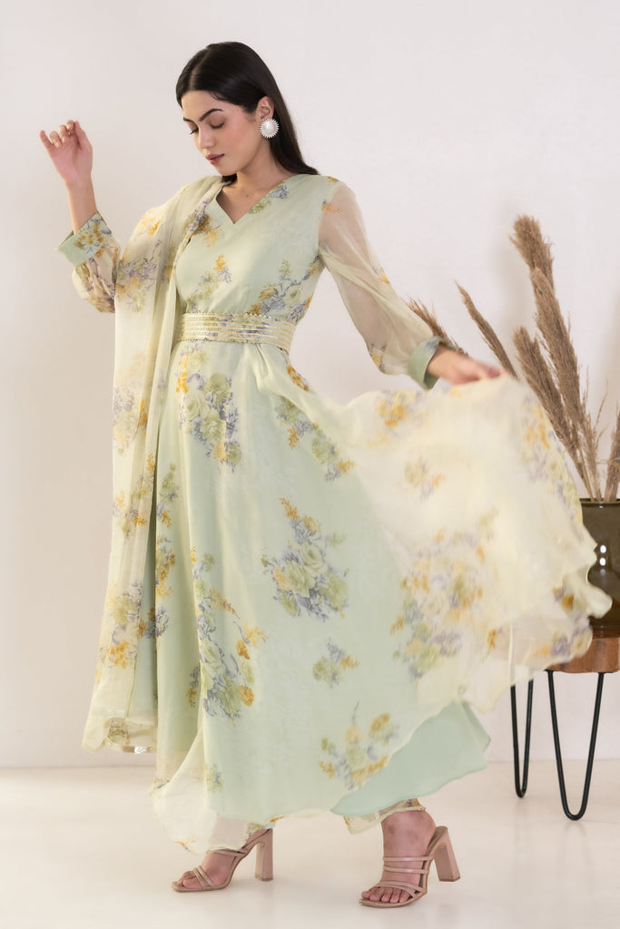 Women's Olive Flower Print Gown