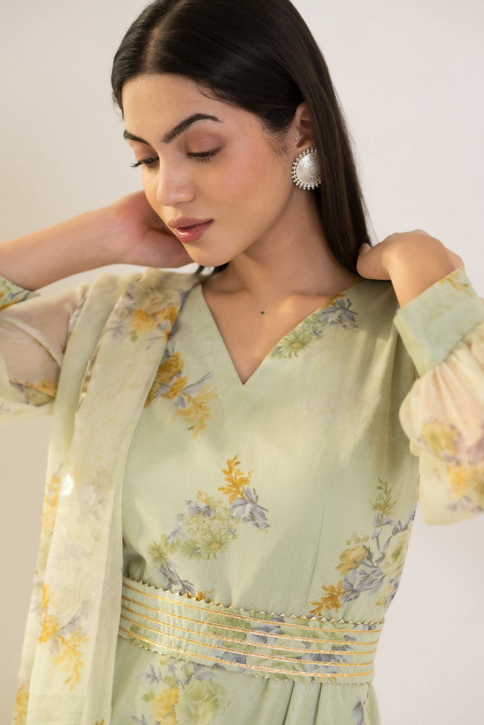 Women's Olive Flower Print Gown