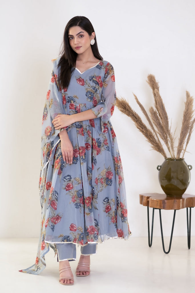 Women's Grey Bell Sleeves Kurta Set