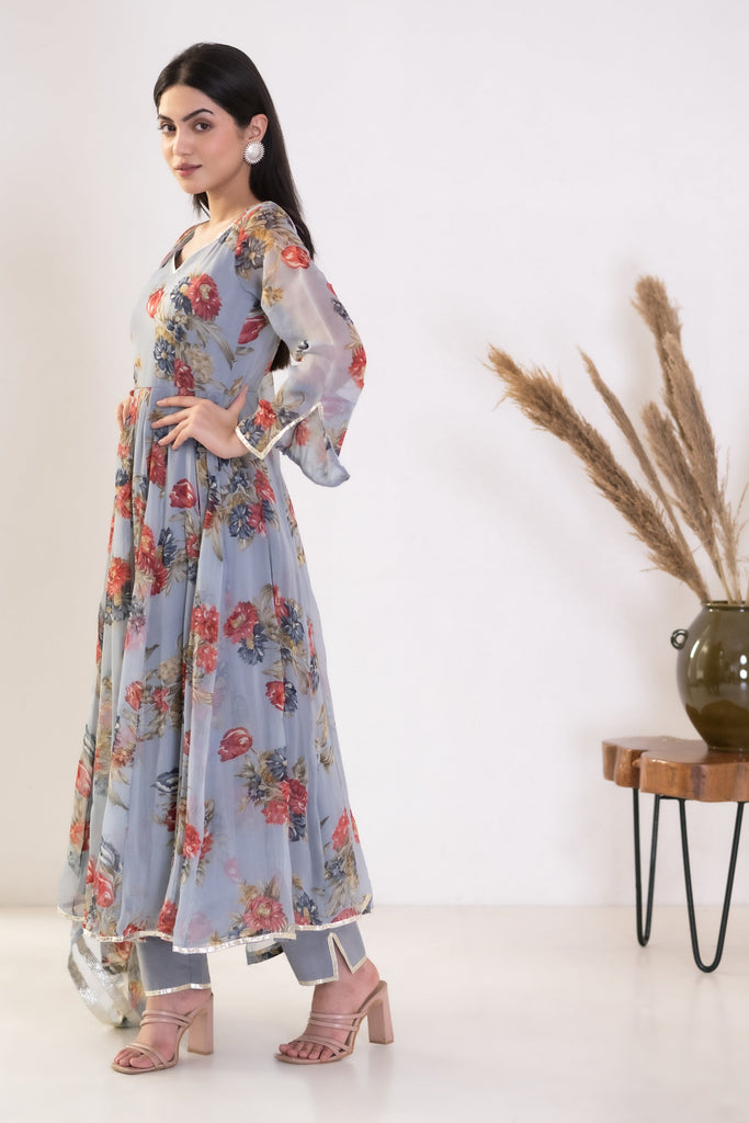 Women's Grey Bell Sleeves Kurta Set